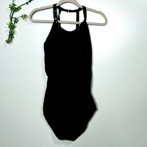 Jones New York Black Halter Gemstone Neckline One-Piece Bathing Suit